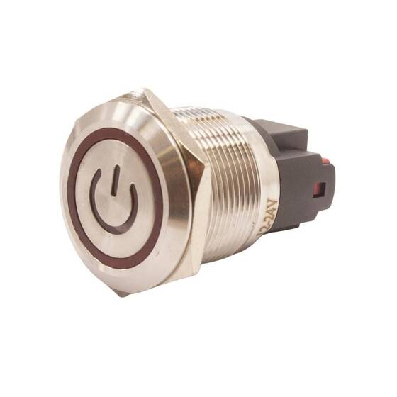 22E-P1-EC 22mm Düz Yaylı Işıklı Power Metal Buton - Kırmızı